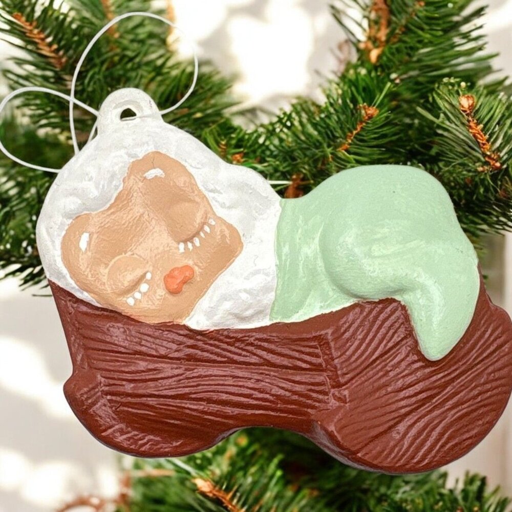 Vintage Lamb Sleeping Cradle Christmas Ornament Baby New Mom Gift Hand Painted